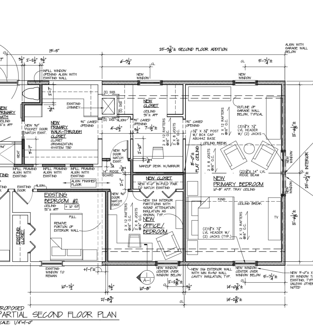 Architectural blueprint labeled "Proposed Partial Second Floor Plan" for a renovation project in East Windsor, Connecticut. The layout includes a new primary bedroom with tray ceiling, a walk-through closet, new office/bedroom, multiple new closets, and updates to an existing bedroom and bath. Detailed dimensions, framing notes, and window placements are annotated throughout.